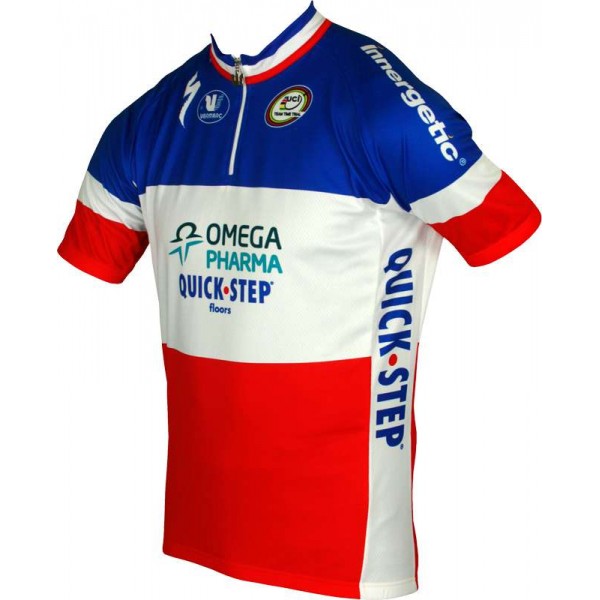 OMEGA PHARMA-QUICKSTEP Französischer Zeitfahrmeister 2013 Radsport-Profi-Team-Kurzarmtrikot mit kurzem Reißverschluss OMEGA PHARMA-QUICKSTEP Französischer Zeitfahrmeister 2013 Radsport-Profi-Team-Kurzarmtrikot mit kurzem Reißverschluss