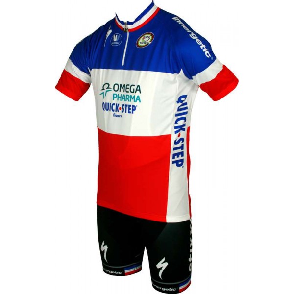 OMEGA PHARMA-QUICKSTEP Französischer Zeitfahrmeister 2013 Radsport-Profi-Team-Kurzarmtrikot mit kurzem Reißverschluss OMEGA PHARMA-QUICKSTEP Französischer Zeitfahrmeister 2013 Radsport-Profi-Team-Kurzarmtrikot mit kurzem Reißverschluss