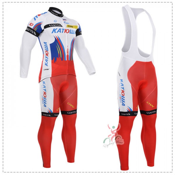 2015 Katusha Fahrradbekleidung Radtrikot Satz Langarm und Lange Trägerhose Radtrikot Kaufen