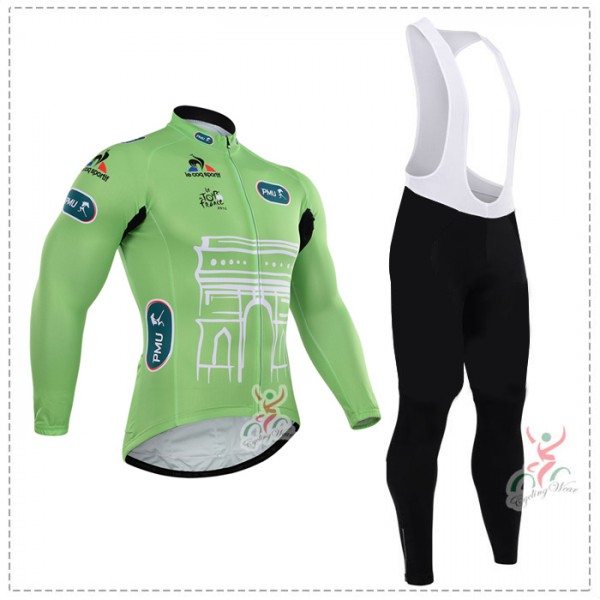 2015 Tour de France vert Fahrradbekleidung Radtrikot Satz Langarm und Lange Trägerhose Radtrikot Kaufen
